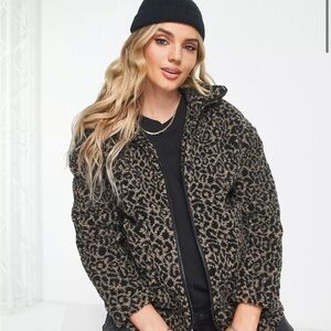 Wednesday's Girl Maternity relaxed zip up borg jacket in leopard